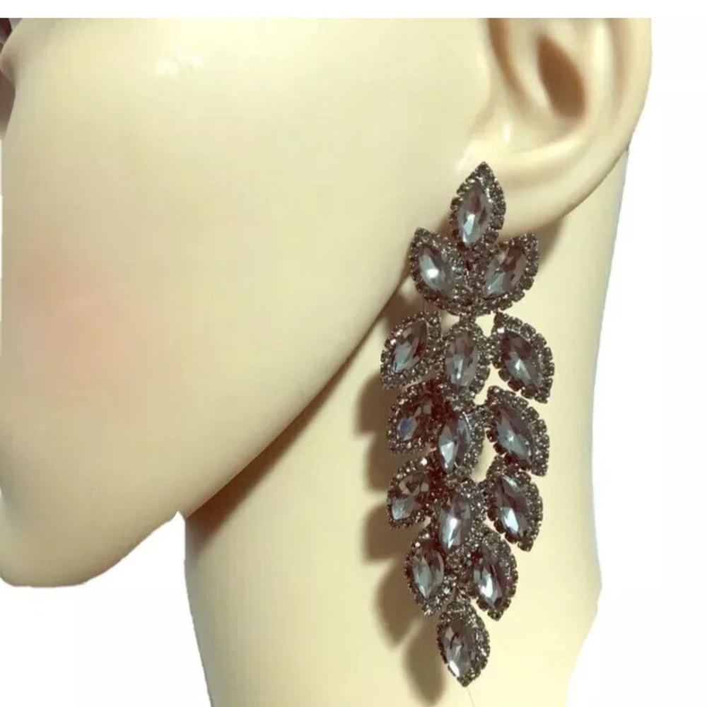 Earrings Black Hematite Rhinestone Gemstone 3.5"